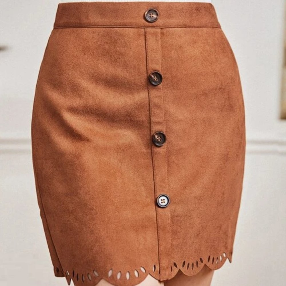 SHEIN Laser Cut Out Brown Button Mini Pencil Skirt, Medium, US 6, Side Zipper